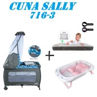 Cuna Ebaby 716-3 Sally Tina Rosa Colchon Azul-Gris