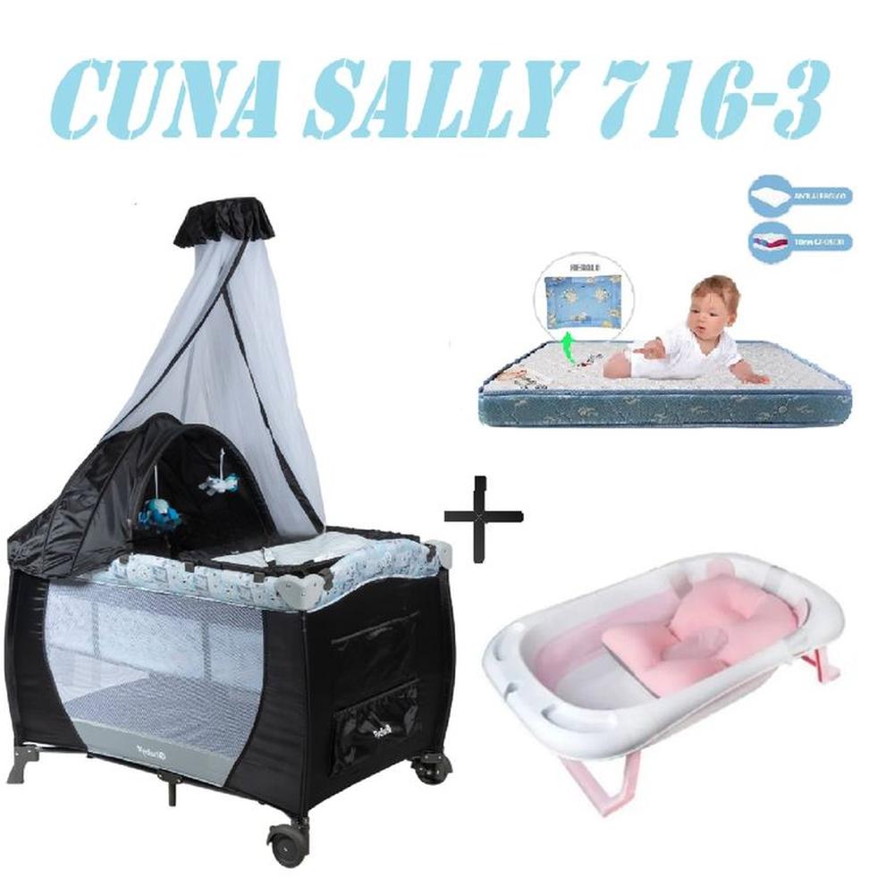 Cuna Ebaby 716-3 Sally Tina Rosa Colchon Gris-Azul