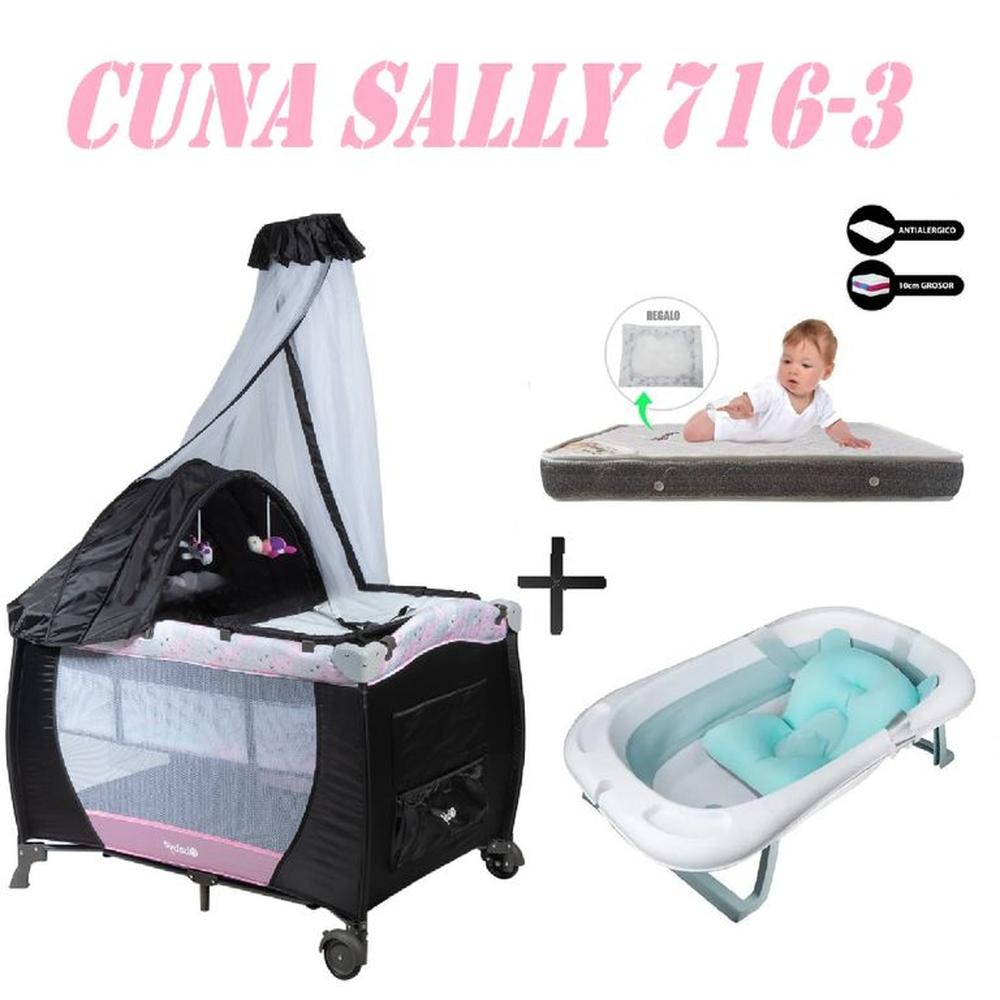 Cuna Ebaby 716-3 Sally Tina Azul Colchon Rosa-Gris