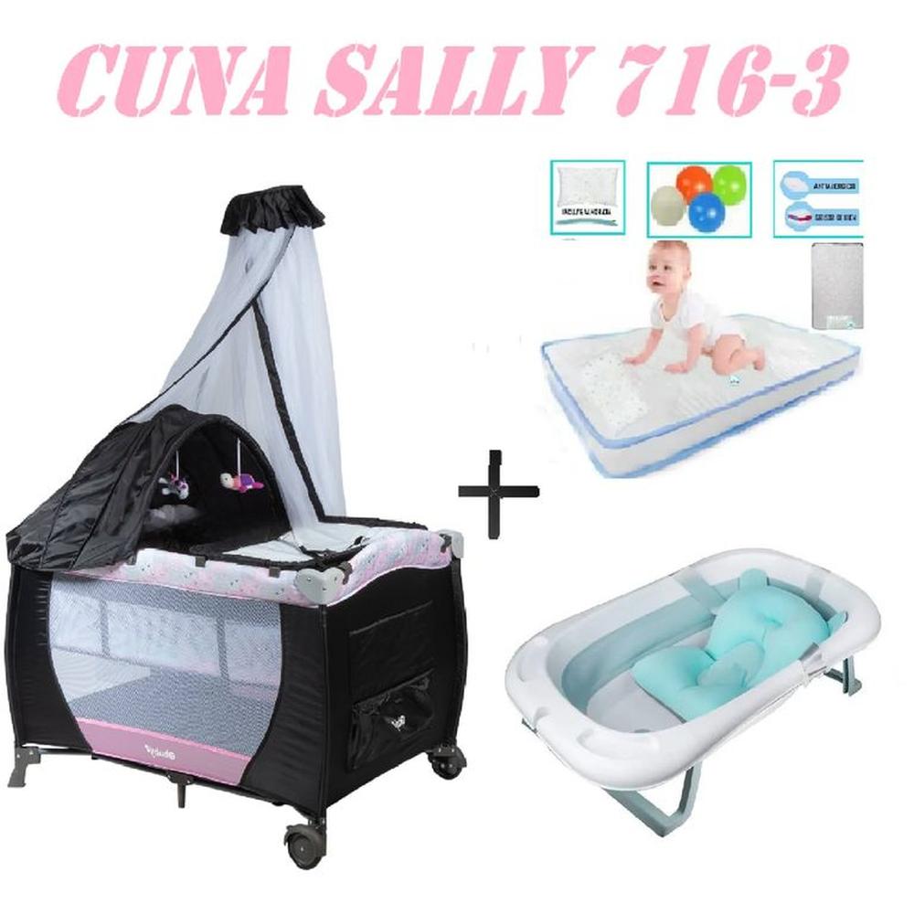Cuna Ebaby 716-3 Sally Tina Azul Colchon Rosa-Celeste