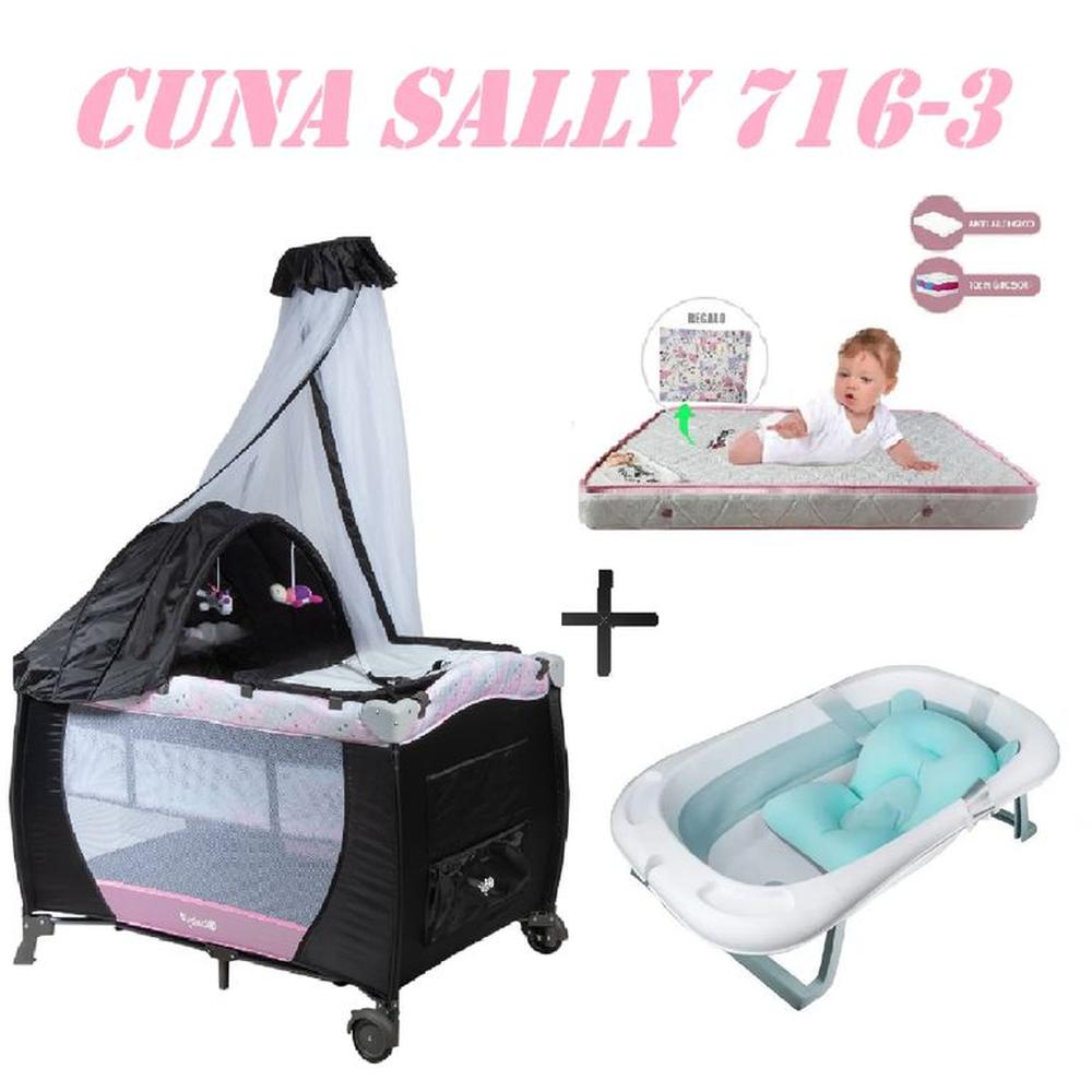 Cuna Ebaby 716-3 Sally Tina Azul Colchon Rosa-Rosa