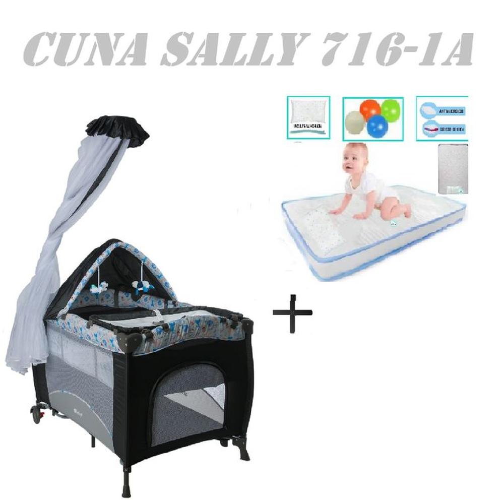 Cuna Corral Sally 716-1A Colchon Gris-Celeste