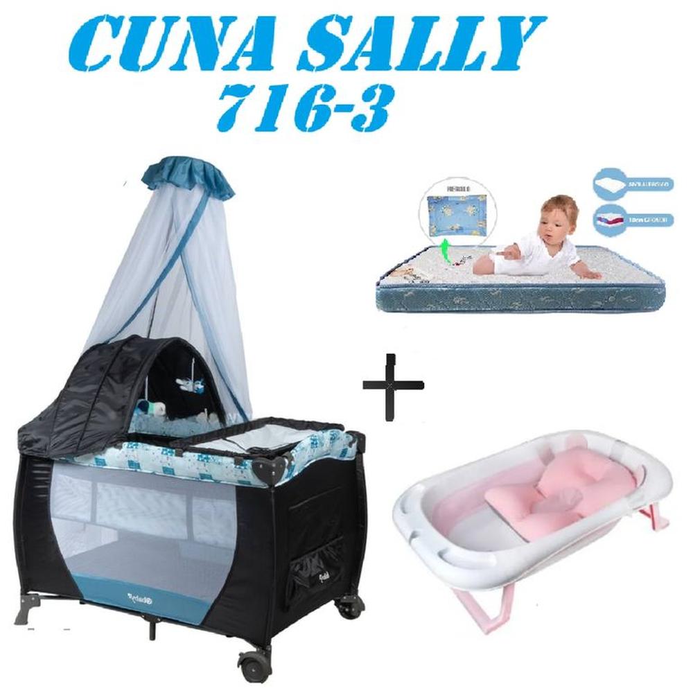 Cuna Ebaby 716-3 Sally Tina Rosa Colchon Azul-Azul