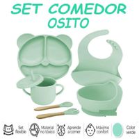 Nuevo Set Comedor de Silicona Osito  6 Pzas -Verde C
