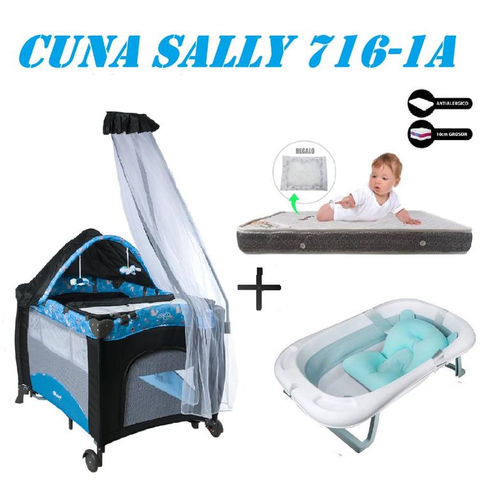 Cuna Sally 716-1A Tina Azul Colchon Azul -Gris