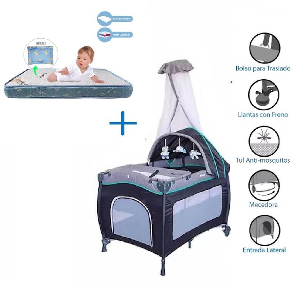 Cuna corral Sally + colchon Azul - Celeste