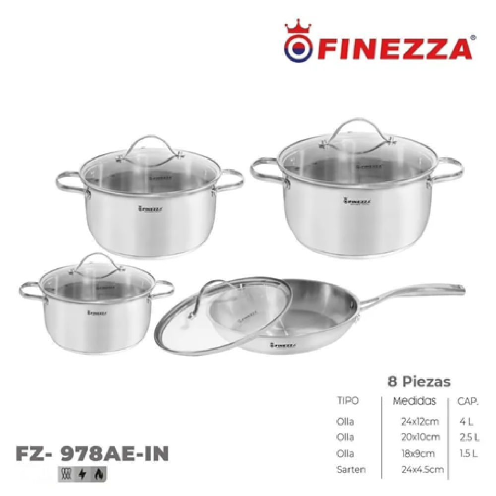 Juego de ollas FINEZZZA  de ACERO INOXIDABLE 8 pzs FZ-978AE-IN