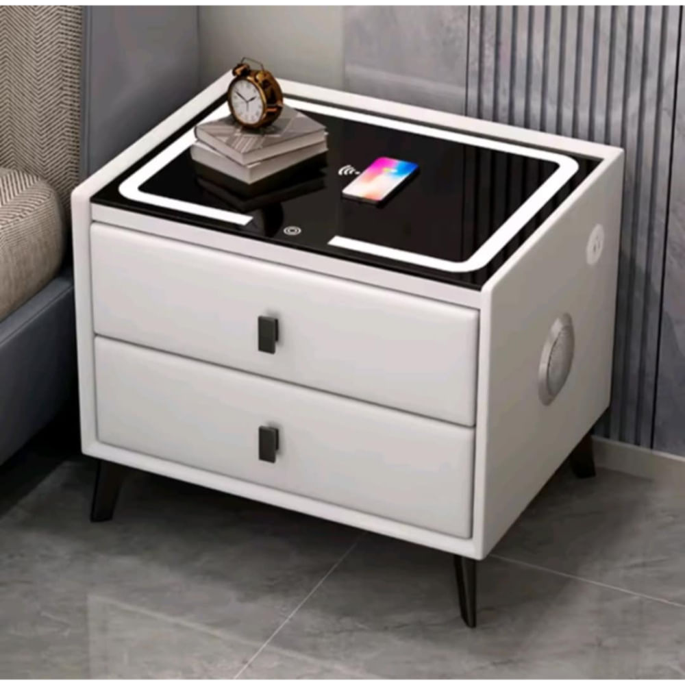 Mesa de Noche Velador Smart con USB Carga Inalambrica y Parlante - 2 Niveles Blanco