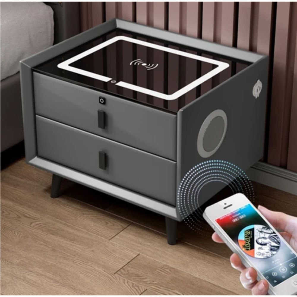 Mesa de Noche Velador Smart con USB Carga Inalambrica y Parlante - 2 Niveles Oscuro