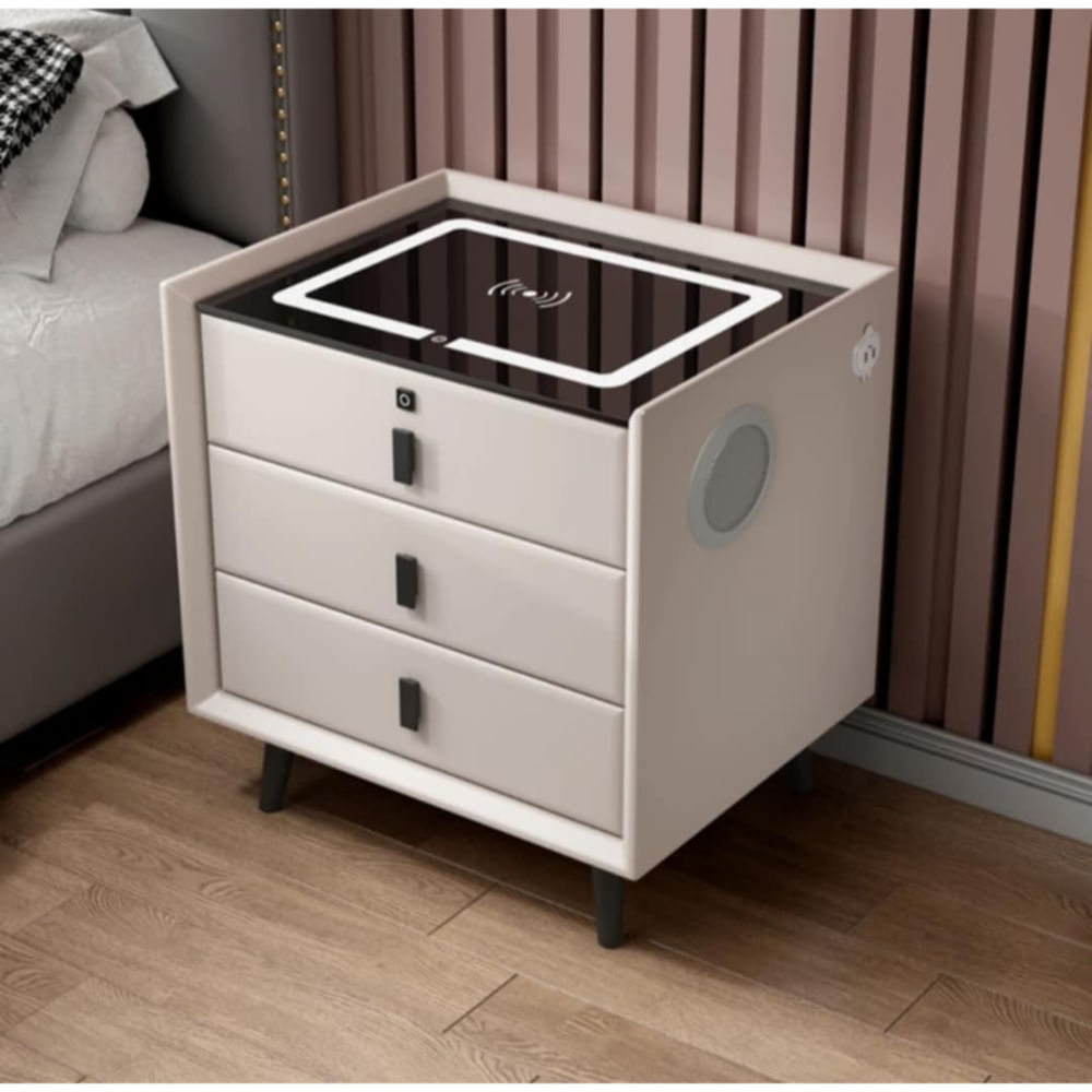 Mesa de Noche Velador Smart con USB Carga Inalambrica y Parlante - 3 Niveles Blanco