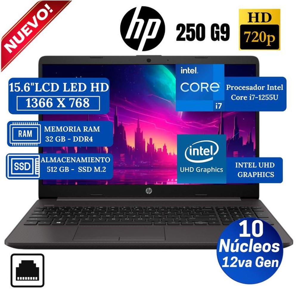 Notebook HP 250 G9 15.6"" LCD LED HD, Core i7-1255U,12va Gen, Ram 32GB, SSD 512GB, Free Dos