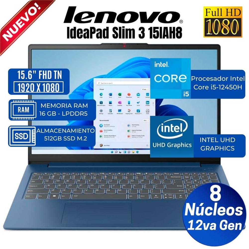 Laptop Lenovo IdeaPad Slim 3 15.6"" FHD TN, Core i5-12450H, 12va Gen, Ram 16GB, SSD 512GB, Free Dos