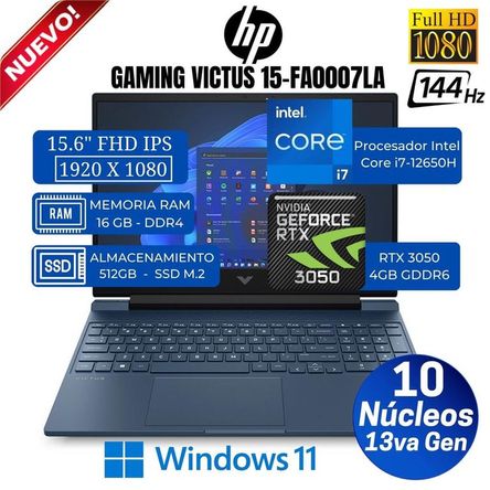 Laptop Gamer HP Victus 15-fa0007la 15.6” FHD, Core i7-12650H, Ram 16GB, SSD 512GB, Rtx 3050, Win 11