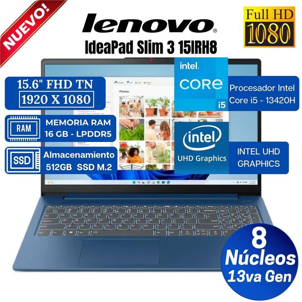 Laptop Lenovo Ideapad Slim 3 15IRH8 15.6” FHD, Intel Core i5-13420H, Ram 16GB, Ssd 512GB, Free Dos