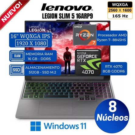Laptop Lenovo Legion Slim 5 16AHP9 16” WQXGA, Ryzen 7-8845HS, Ram 16GB, SSD 512GB, Rtx 4070, Win 11