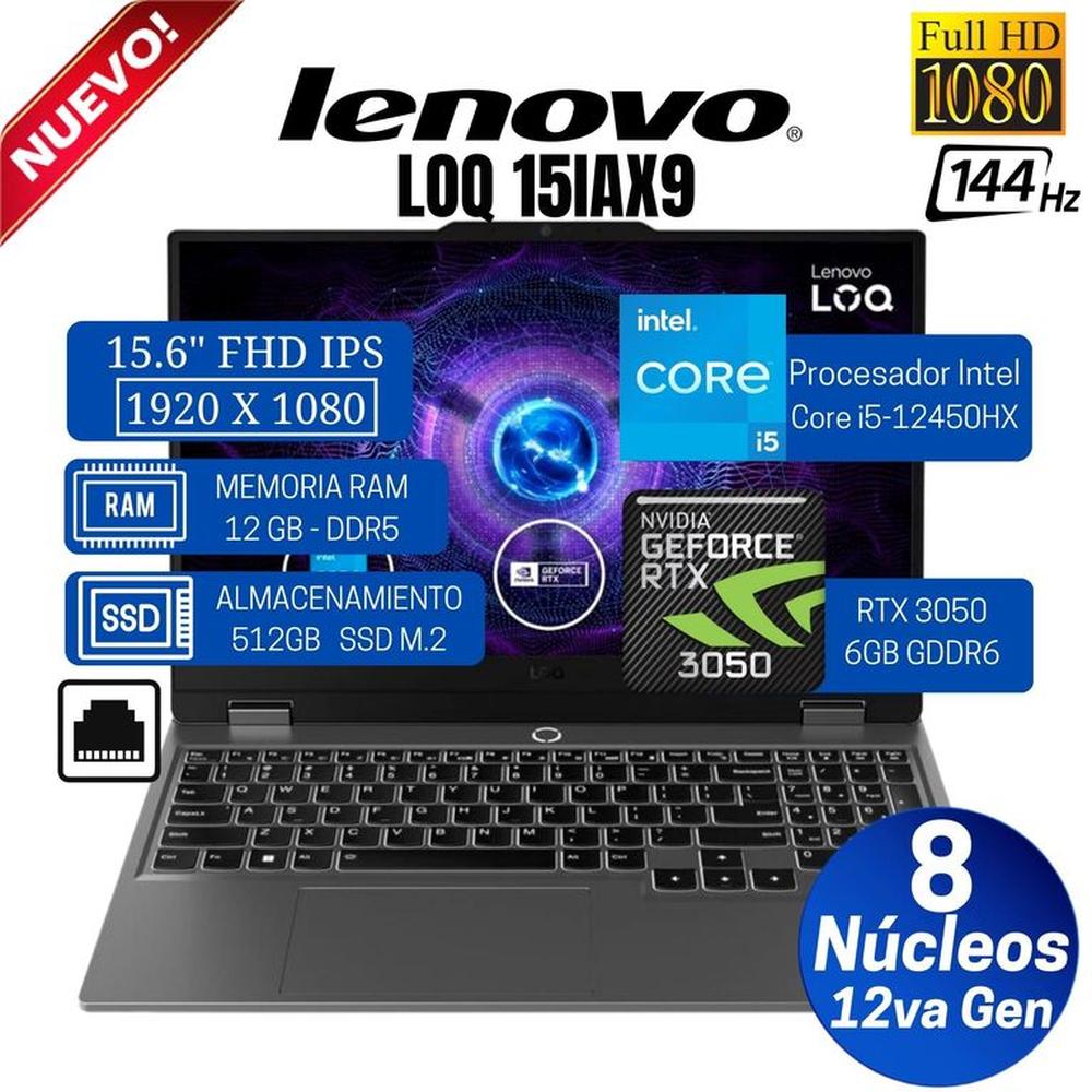 Laptop Lenovo LOQ 15IAX9 15.6"" FHD IPS, Core i5-12450HX, Ram 12GB, Ssd 512GB, Rtx 3050 6GB, FreeDos