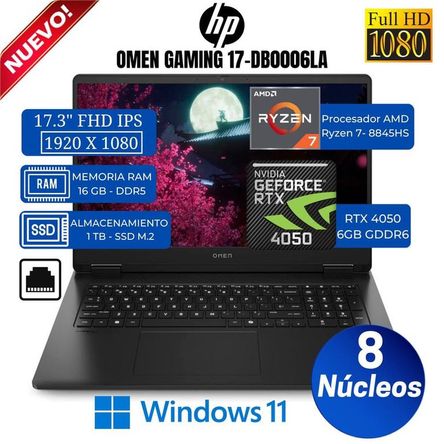 Laptop HP Omen Gaming 17-db0006la 17.3” FHD IPS, RYZEN 7-8845HS, Ram 16GB, Ssd 1 TB, Rtx 4050, Win11