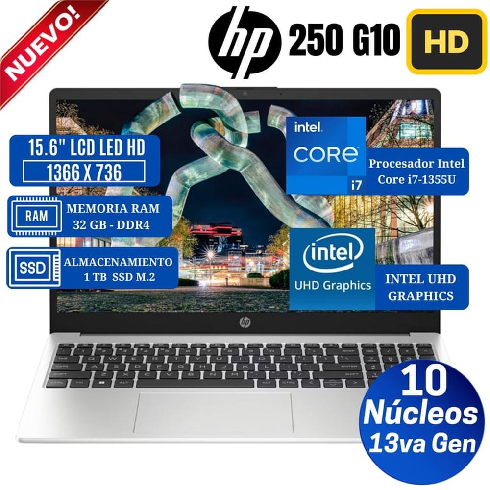 Laptop HP 250 G10 15.6"" LCD LED HD, Intel Core i7-1355U, 13va Gen, Ram 32GB, Ssd 1 TB, Free Dos