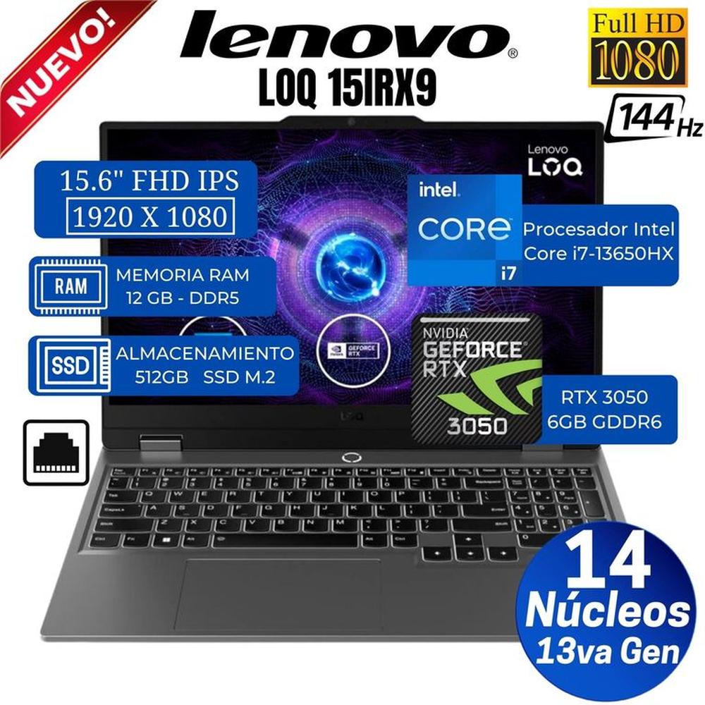Laptop Lenovo LOQ 15IRX9 15.6"" FHD IPS, Core i7-13650HX, Ram 12GB, Ssd 512GB, Rtx 3050, Free Dos