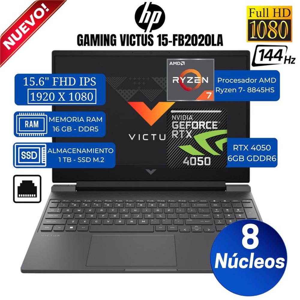 Laptop HP Victus 15-FB2020la, 15.6” FHD IPS, RYZEN 7-8845HS, Ram 16GB, Ssd 1 TB, Rtx 4050, FreeDos