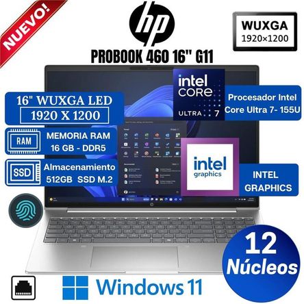 Laptop HP Probook 460 G11 16” WUXGA LED, Intel Core Ultra 7-155U, Ram 16GB, Ssd 512GB, Win 11 Pro