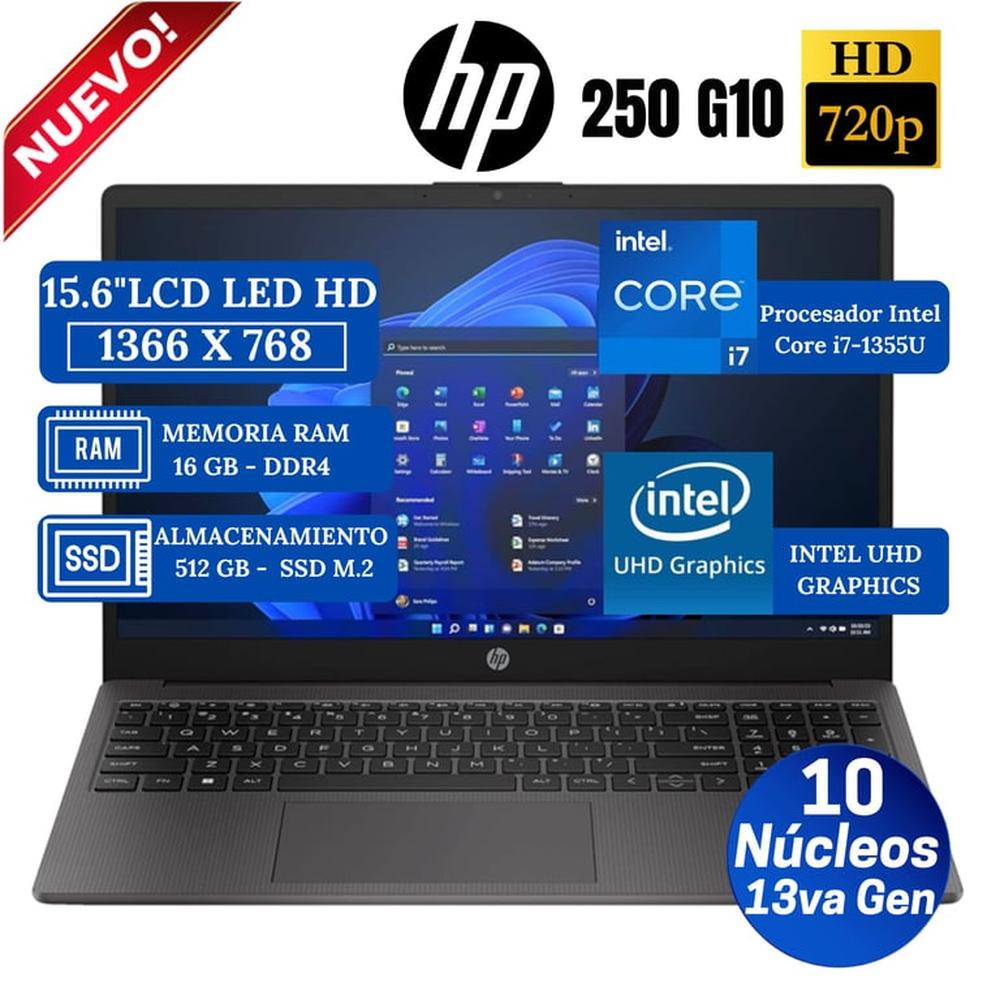 Laptop HP 250 G10 15.6"" LCD LED HD, Intel Core i7-1355U, 13va Gen, Ram 16GB, SSD 512GB, Free Dos