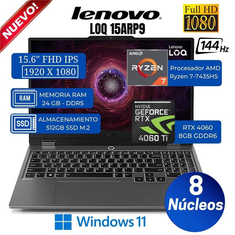 Laptop Lenovo LOQ 15ARP9 15.6"" FHD IPS, AMD RYZEN 7-7435HS, Ram 24GB, Ssd 512GB, Rtx 4060, Win 11