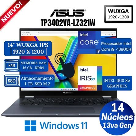 Laptop 2 en 1 Asus TP3402VA-LZ321W  14” WUXGA Táctil, Core i9-13900H, Ram 16GB, Ssd 1TB, Win 11