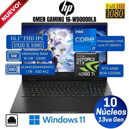 Laptop HP Omen GAMING 16-wd0000la 16.1” FHD, Core i7-13620H, Ram 16GB, SSD 1TB, Rtx 4060, Win 11