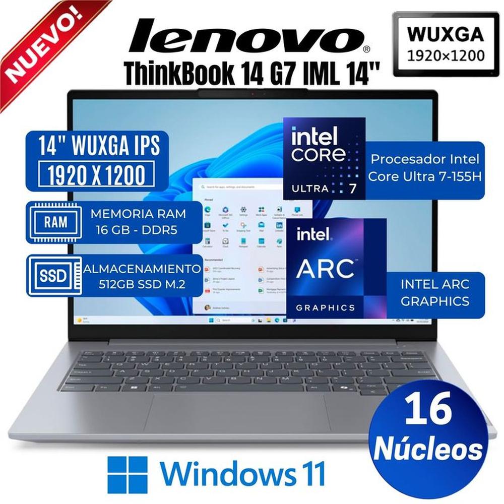 Laptop Lenovo ThinkBook 14 G7 IML 14"" WUXGA IPS,Core Ultra 7-155H, Ram 16GB, Ssd 512GB, Win 11 Pro