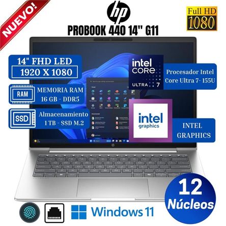 Laptop HP ProBook 440 G11, 16” FHD LED, Intel Core Ultra 7-155U, Ram 16GB, Ssd 1TB, Win 11 Pro