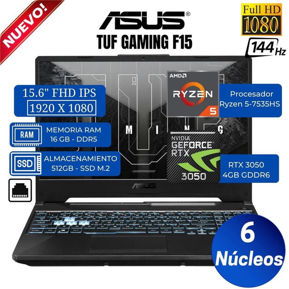 Laptop ASUS TUF GAMING A 15 15.6"" FHD IPS, Ryzen 5-7535HS, Ram 16GB, Ssd 512GB, RTX 3050, Free Dos