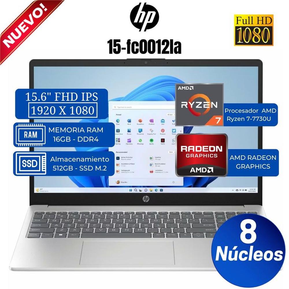 Laptop HP 15-fc0012la 15,6""  FHD IPS, AMD Ryzen 7-7730U, Ram 16GB, Ssd 512GB, Free Dos