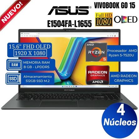 Laptop Asus Vivobook E1504FA-L1655 15.6” FHD OLED, AMD Ryzen 5-7520U, Ram 8GB, Ssd 512 GB, Free DOS