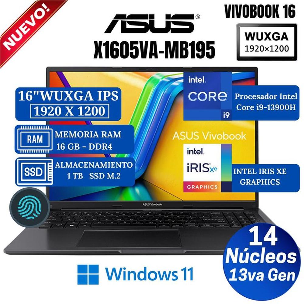 Laptop ASUS Vivobook X1605VA-MB195 16"" WUXGA IPS, Core i9-13900H, Ram 16GB, SSD 1 TB, Win 11 Pro