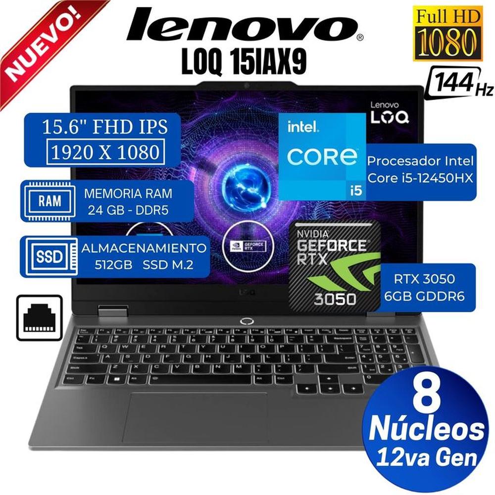 Laptop Lenovo LOQ 15IAX9 15.6” FHD IPS, Core i5-12450HX, Ram 24GB, 512GB SSD, RTX 3050 6GB, Free Dos