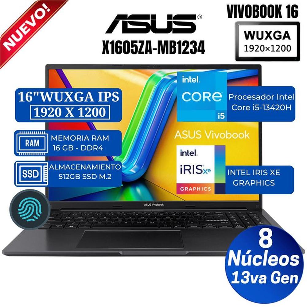 Laptop ASUS Vivobook X1605VA-MB1234 16"" WUXGA IPS, Core i5-13420H, Ram 16GB, Ssd 512GB, Free Dos
