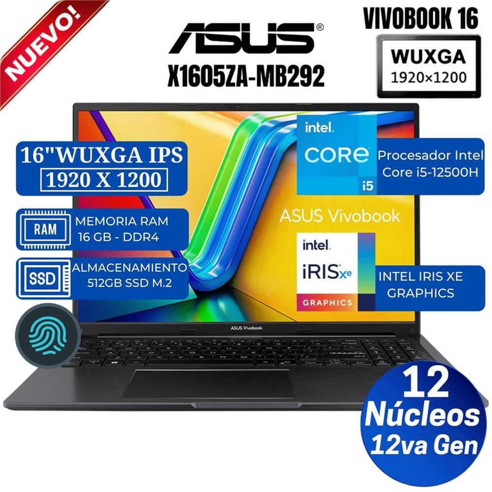 Laptop ASUS Vivobook X1605ZA-MB292 16"" WUXGA IPS, Core i5-12500H, Ram 16GB, SSD 512GB, Free Dos