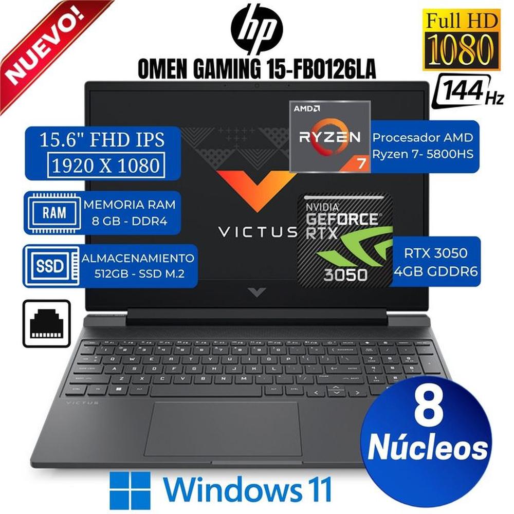Laptop HP Victus Gaming 15-FB0126LA 15.6” FHD IPS, AMD Ryzen 7-5800HS, Ram 8GB, Ssd 512GB, Win 11