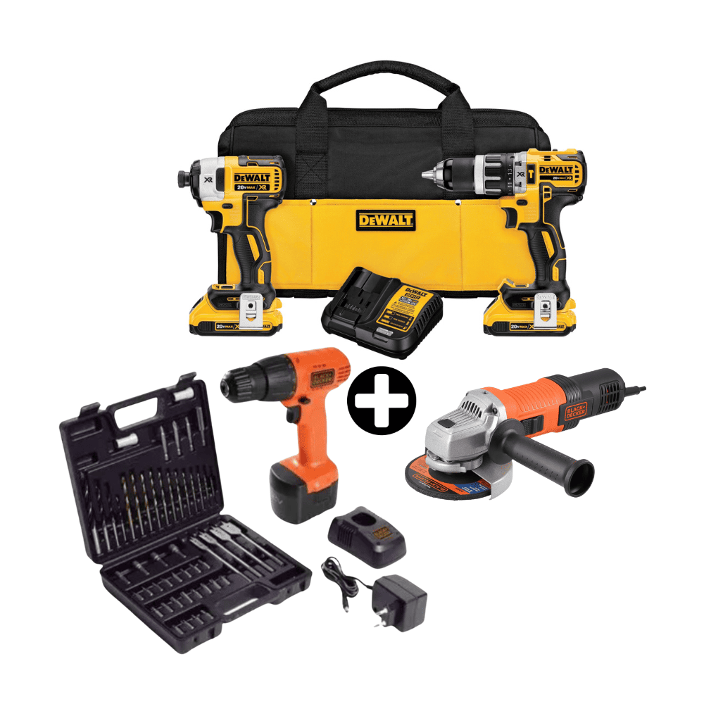 Combo Dewalt: Taladro Percutor + Atornillador de Impacto + Taladro Atornillador + Esmeril Angular + 50 Accesorios + 2 Baterias + Cargador + Maleta
