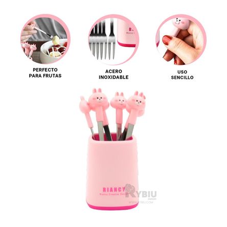 Tenedor Chico Util de Conejo Rosado Y+Banderitas Adhesivas Tenedor Chico Util de Conejo Rosado Y+Banderitas Adhesivas