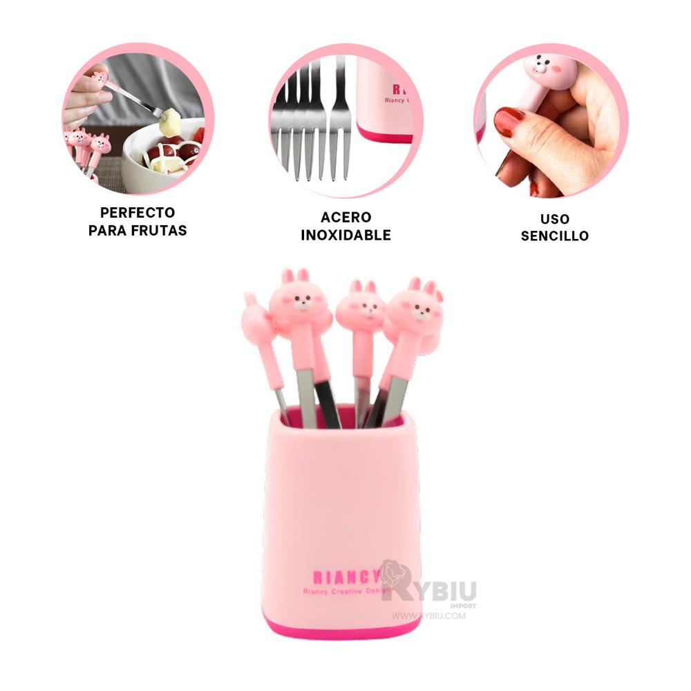 Tenedor Chico Util de Conejo Rosado Y+Banderitas Adhesivas