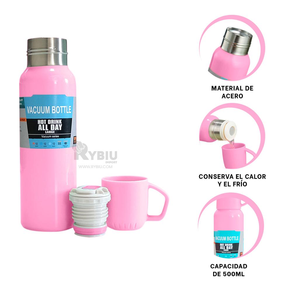 Botella Termica de Acero Rosado 500ml Y+Banderitas Adhesivas