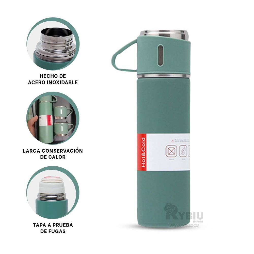 Botella Aislante para Cafe en Verde Y+Banderitas Adhesivas