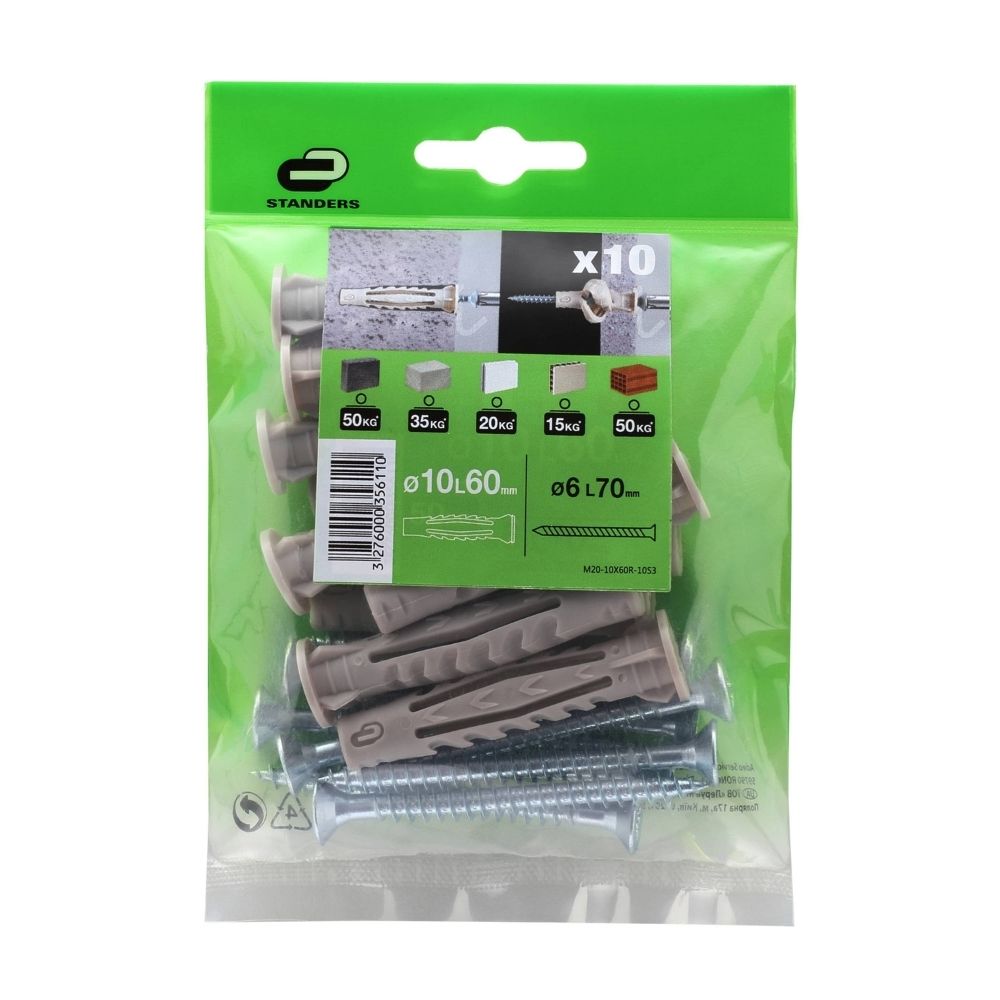 Tarugo Nylon 10x60 Multimat + Tornillo 6x70mm 10 unidades Standers