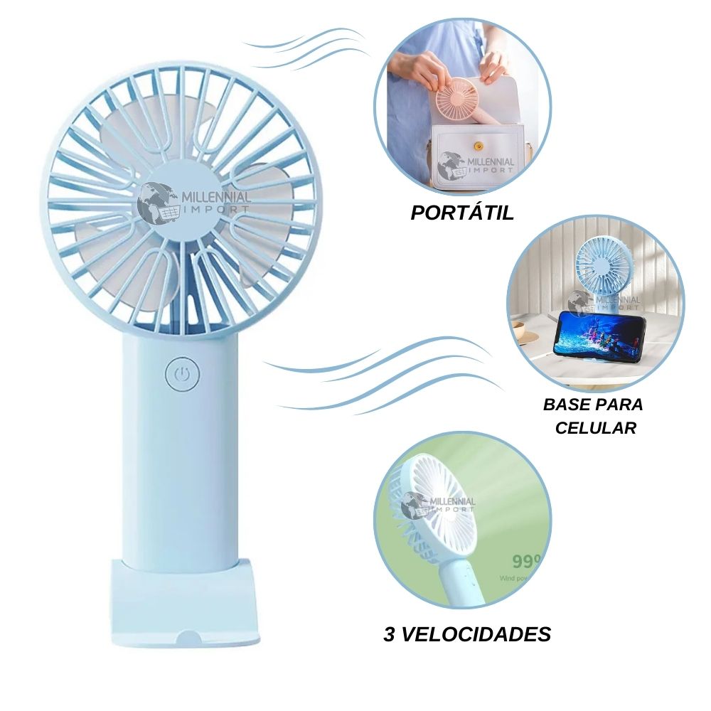 Mini Ventilador Portátil Con Soporte Para Teléfono Recargable USB Celeste