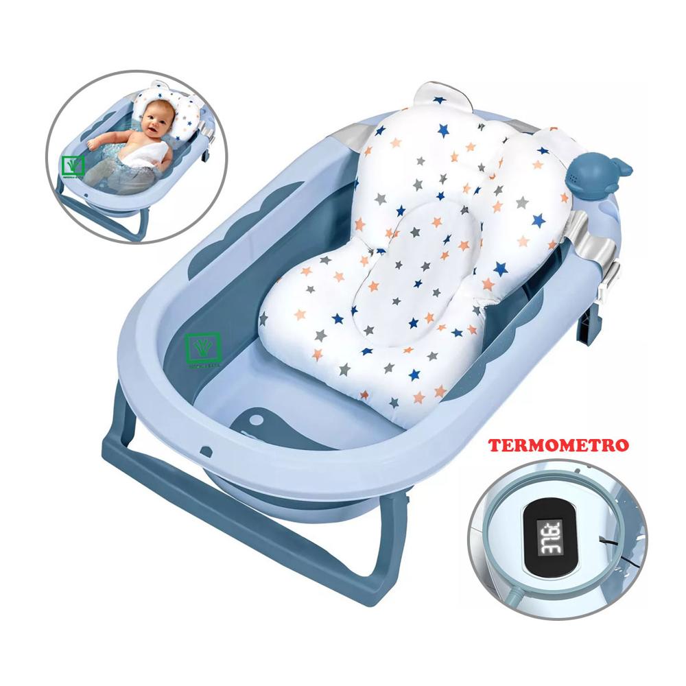Bañera Tina de Baño Plegable Ballenita Con Termómetro Azul