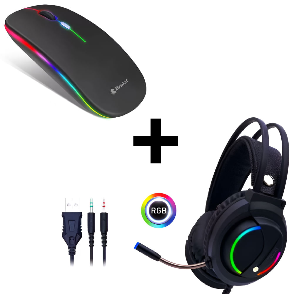 Combo Audífonos Gamer D5000 PRO Luces RGB + Mouse Inalámbrico Recargable LED RGB Dreizt Negro