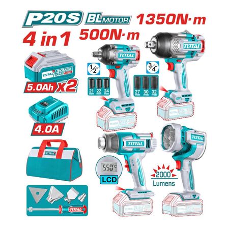 Combo Llave Impacto 1350N.m + 500N.m + Pistola Calor + Lámpara 20V TOSLI241293