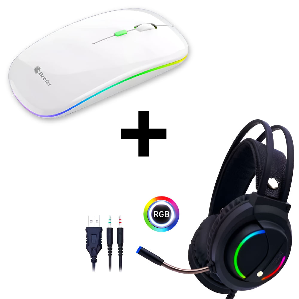 Combo Audífonos Gamer D5000 PRO Luces RGB + Mouse Inalámbrico Recargable LED RGB Dreizt Blanco